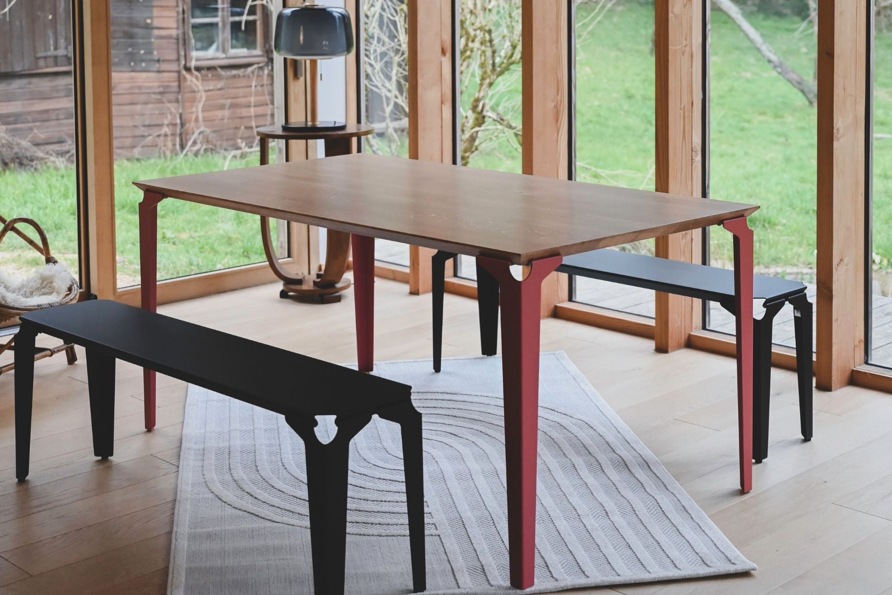 Table salle à manger chêne et acier rose