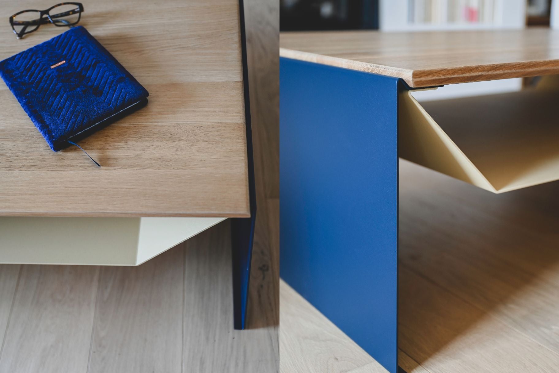 Table de salon design en chêne massif et acier avec rangement