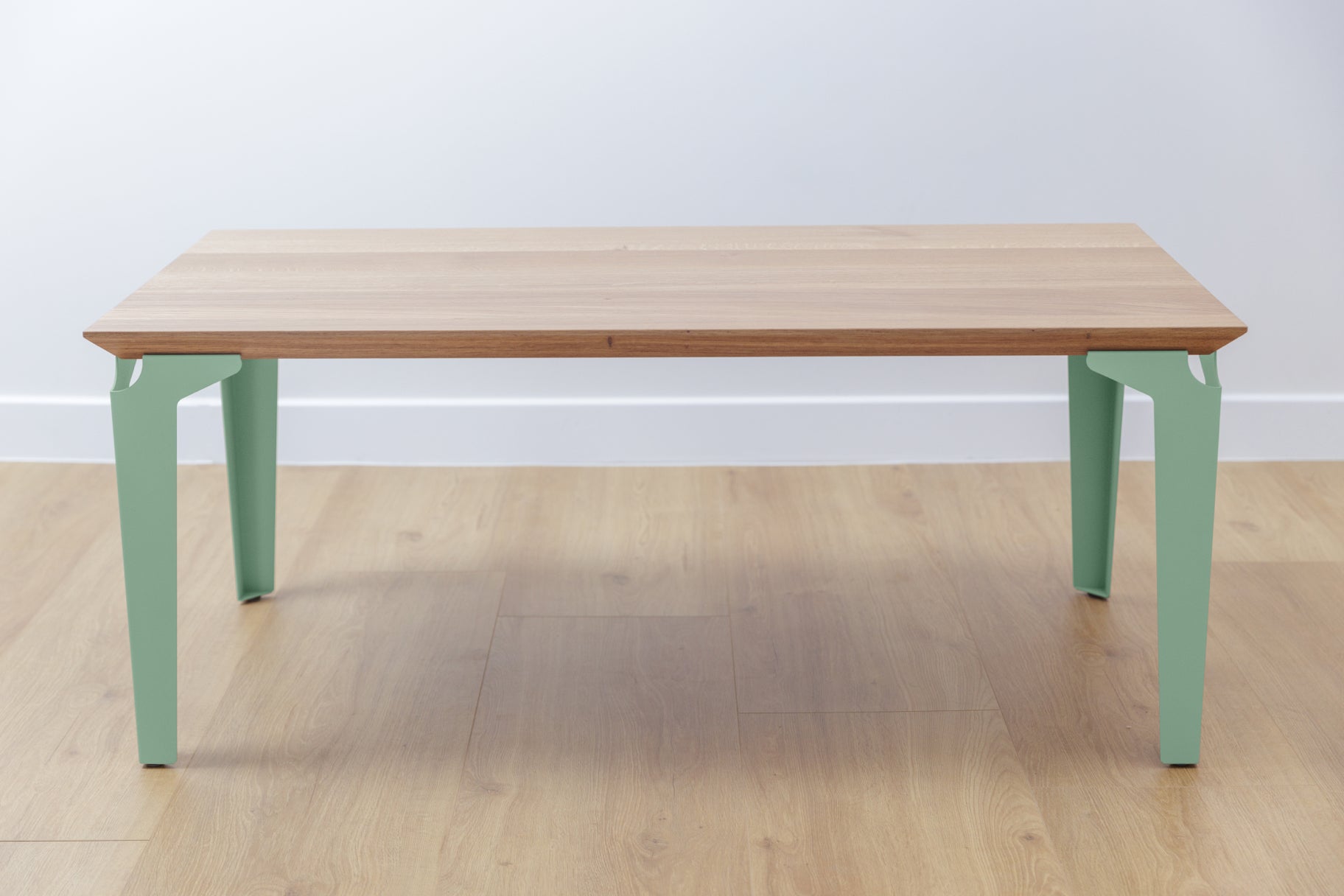 table basse bois et acier vert pastel Laval - atelier percheron