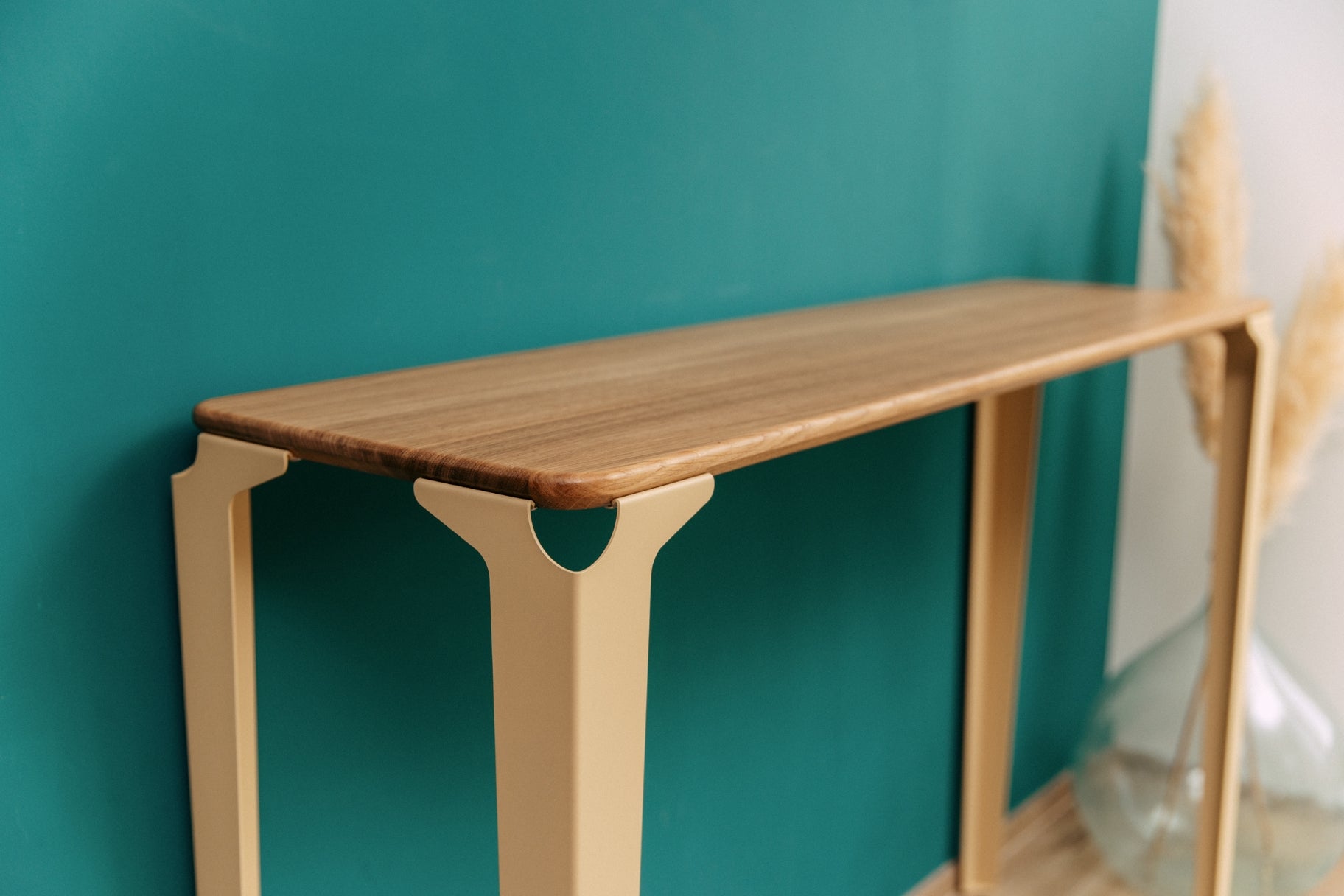 console entrée chêne massif et acier sable