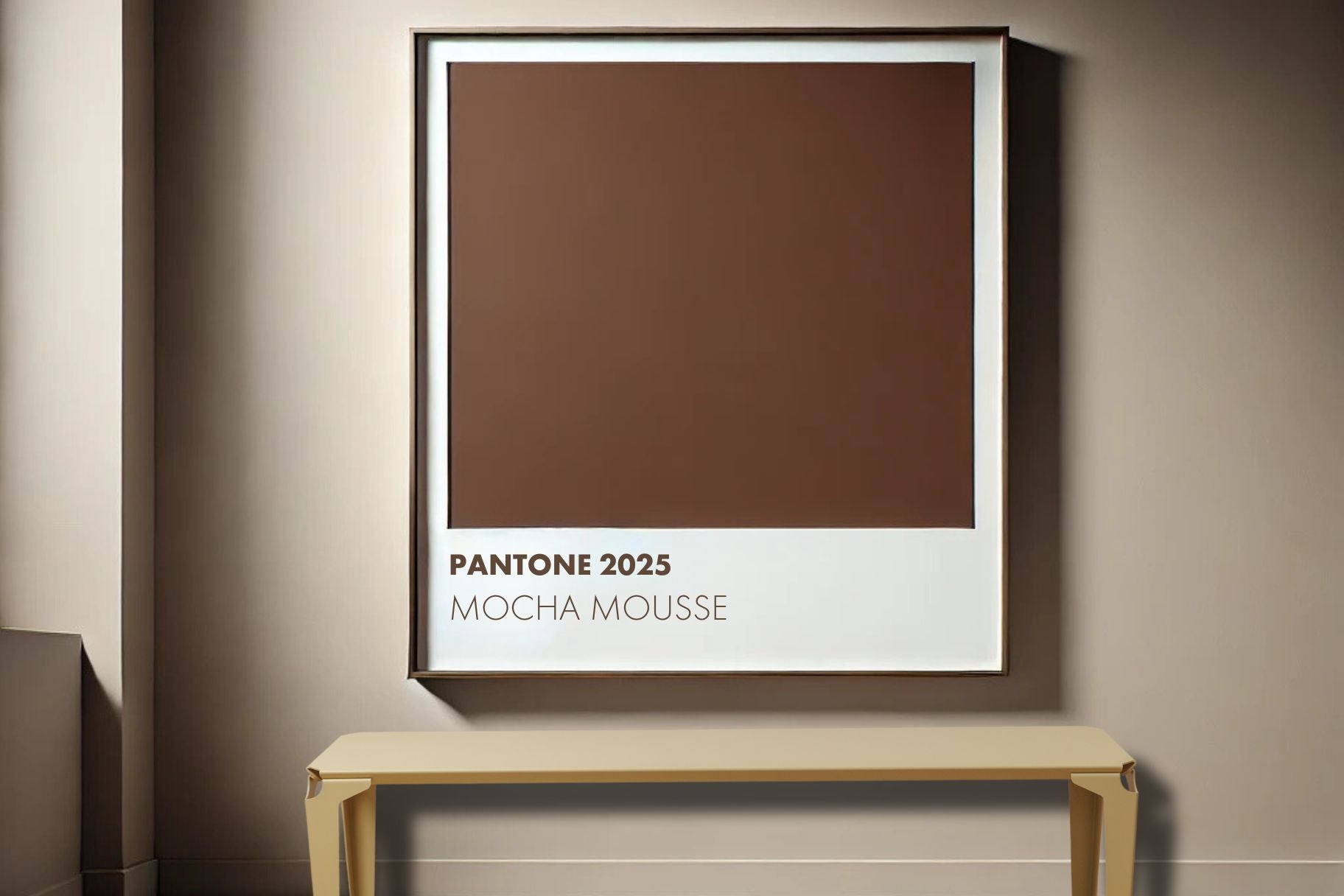 Banc en acier beige devant un tableau illustrant la couleur mocha mousse