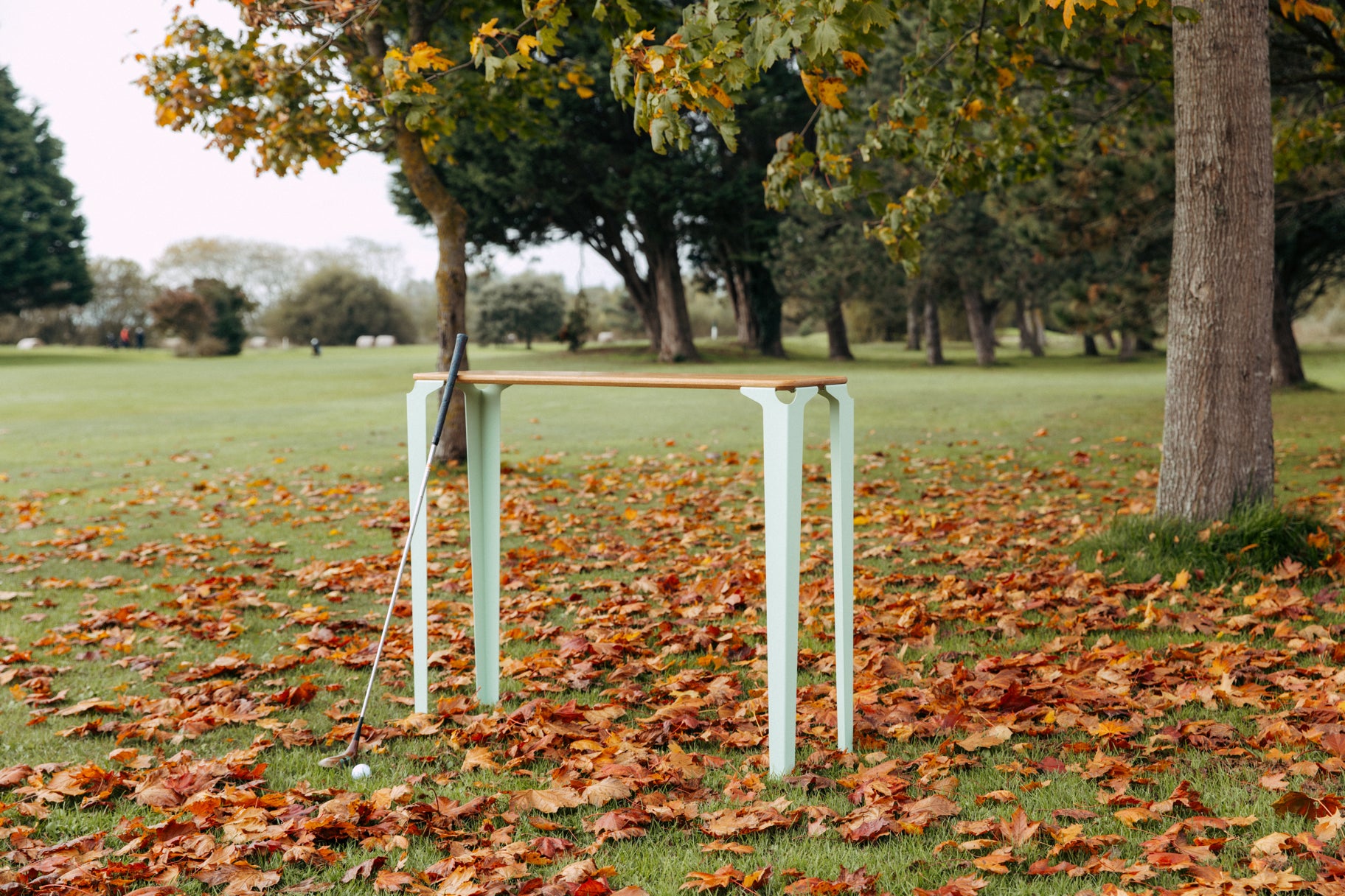 console Vittel plateau bois massif de chêne et pieds acier vert pastel au milieu d'un golf en automne