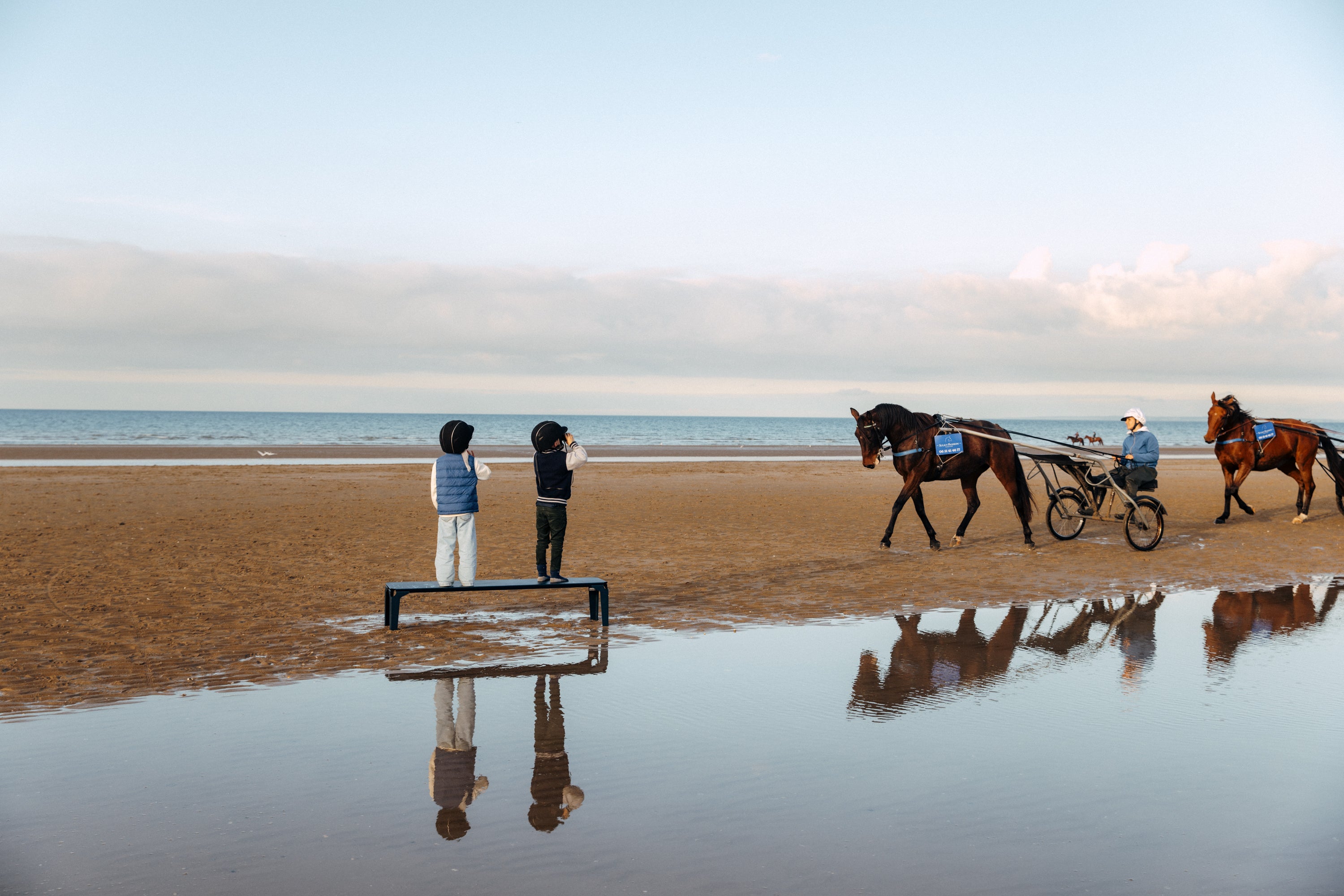 Au bord de l'eau, à la plage, enfants debout sur un banc en acier regardant les chevaux passer - atelier percheron